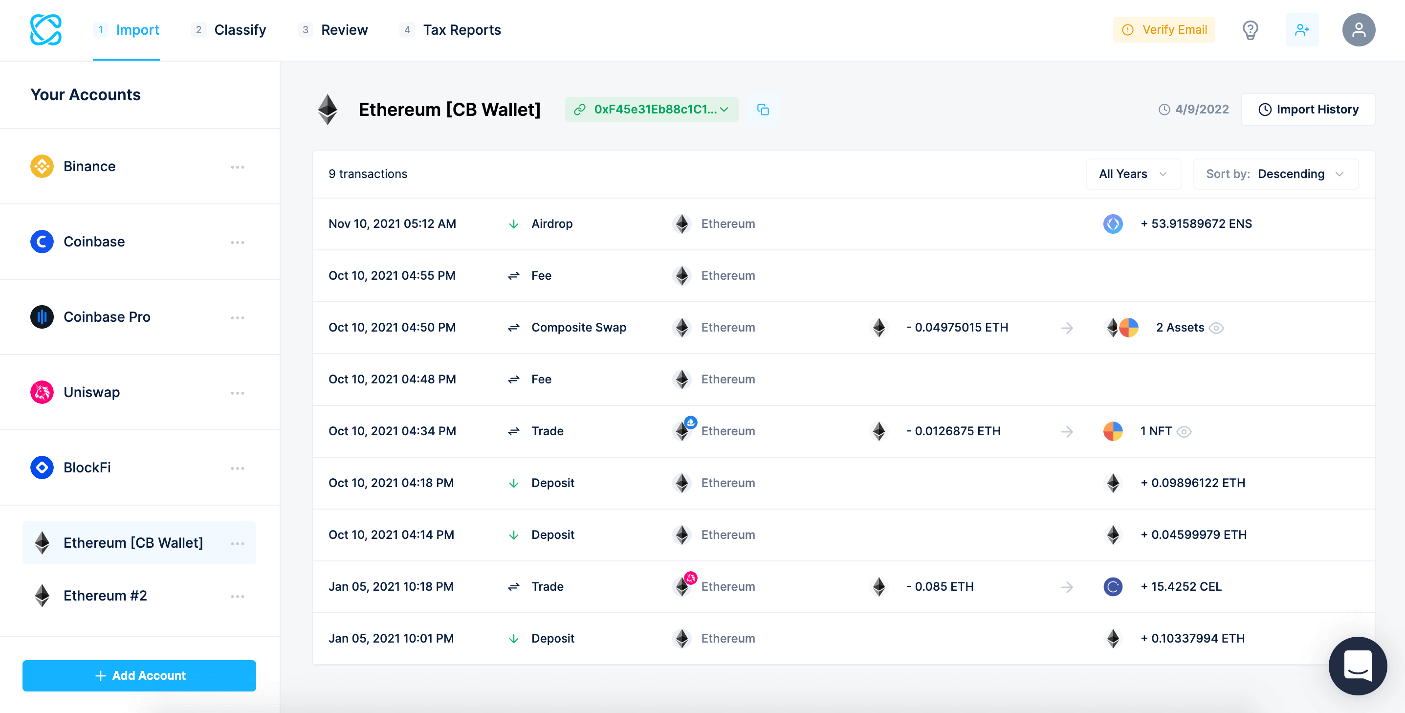 Screenshot of taxable transactions on CoinLedger
