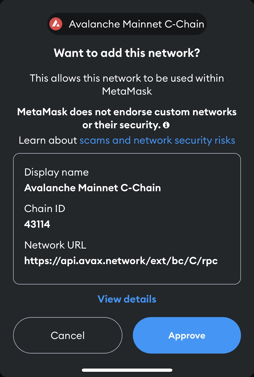 Add avalanche to metamask network