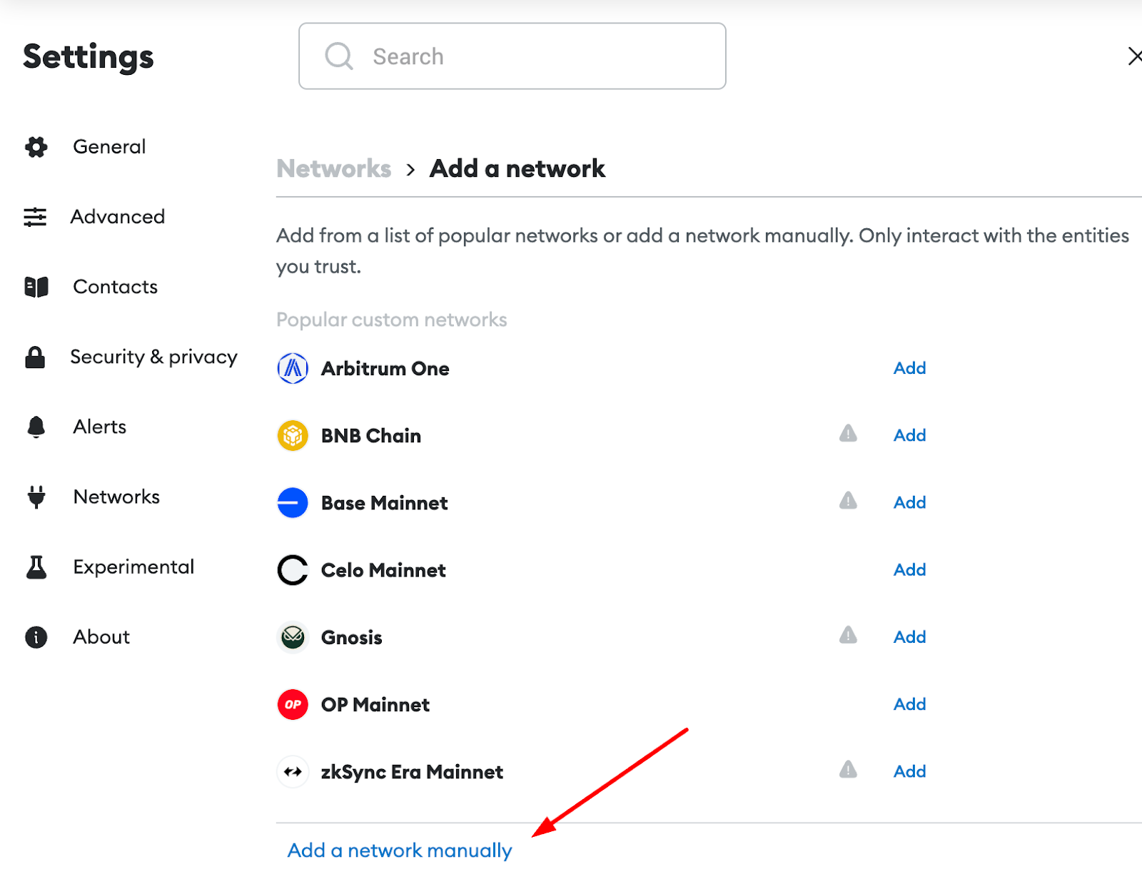Metamask add network