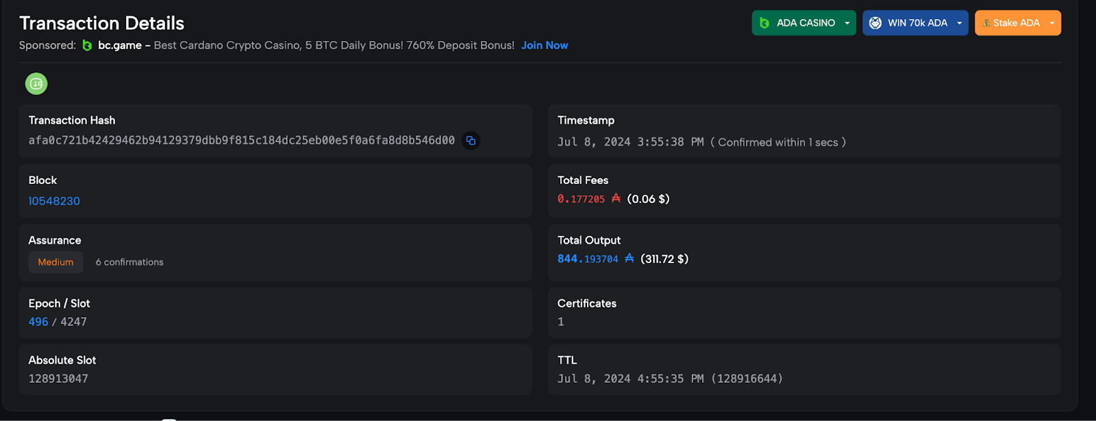 Transaction details cardanoscan